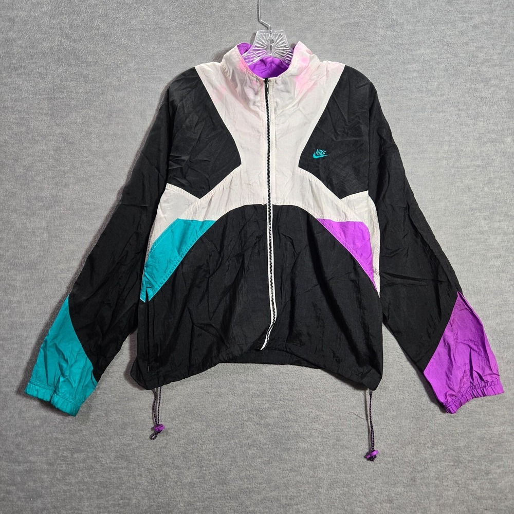 VINTAGE Nike Women Jacket L Black International Retro Windbreaker Logo 90s READ